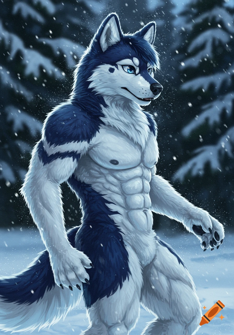 A muscular anthropomorphic husky with blue and white fur stands in a snowy forest.