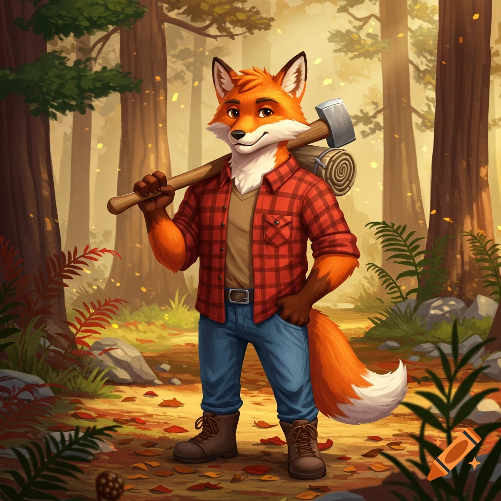 A cartoon lumberjack fox stands in an autumnal forest, holding an axe over his shoulder.