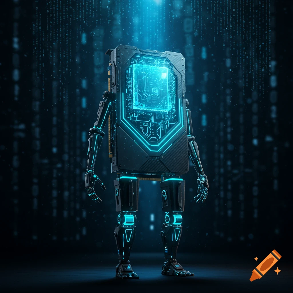 A humanoid robot with a GPU body and glowing blue circuits stands against a dark, digital binary code background.