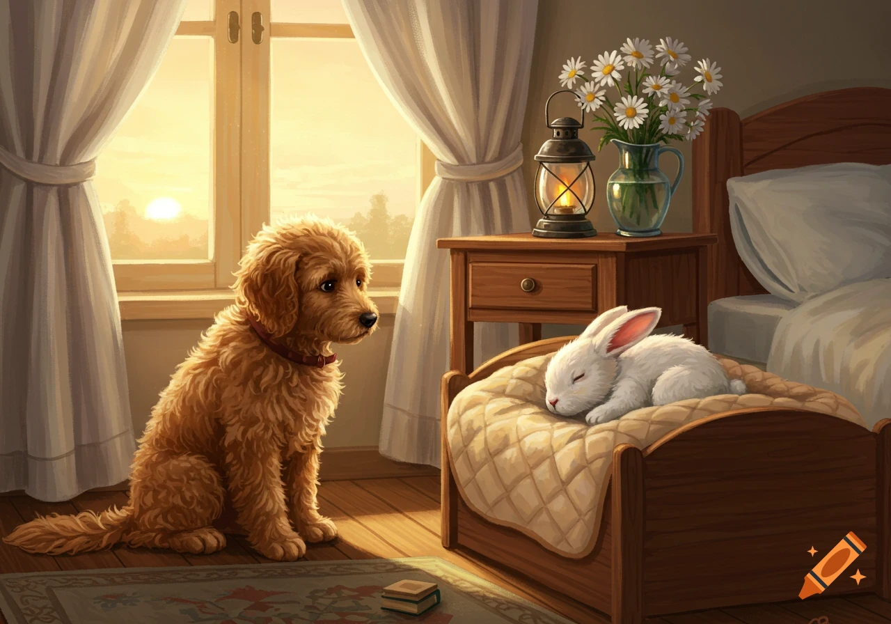 Illustration of a golden puppy watching a white bunny sleep in its bed, with sunrise light streaming through a window.