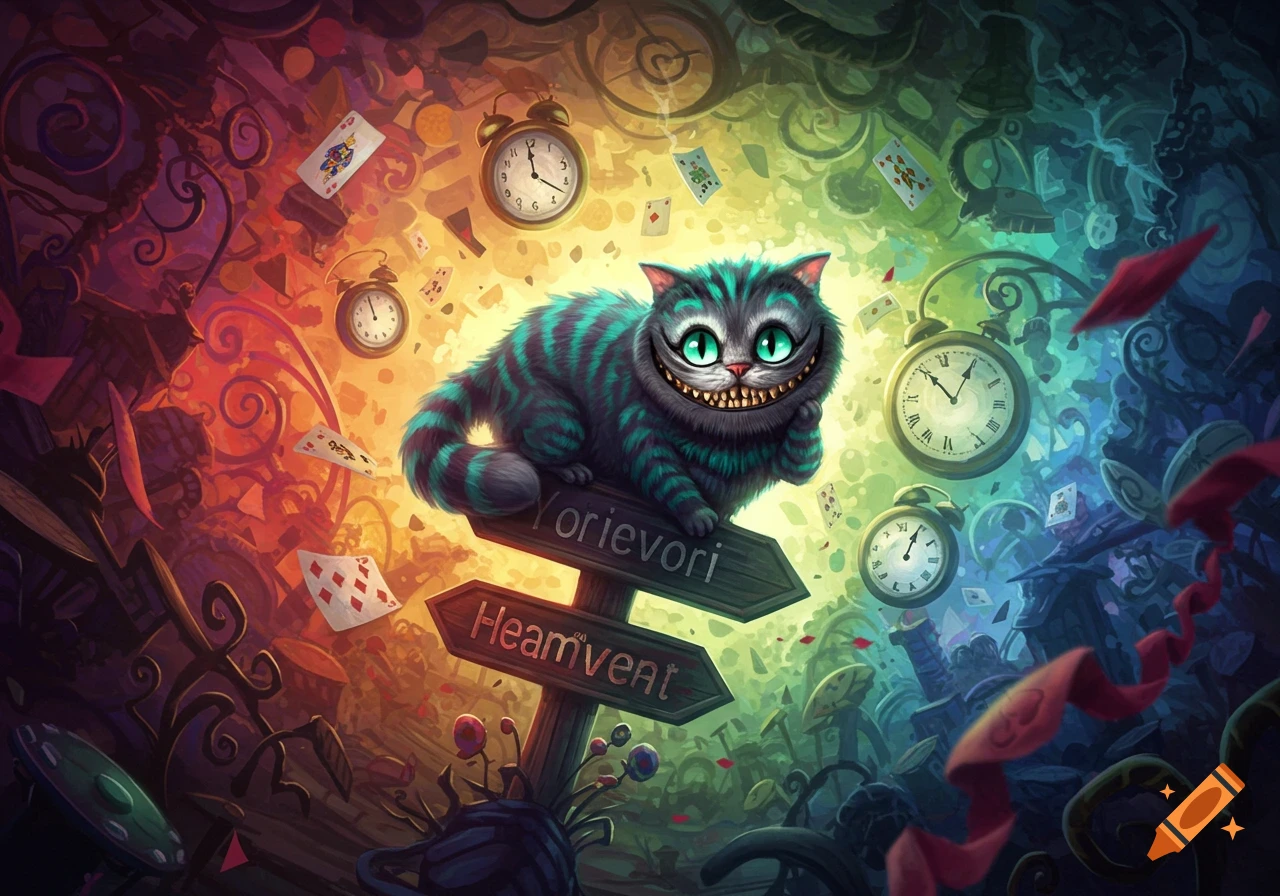 A whimsical, striped Cheshire Cat with a wide grin sits on a signpost, surrounded by clocks and playing cards in a chaotic, colorful fantasy land.