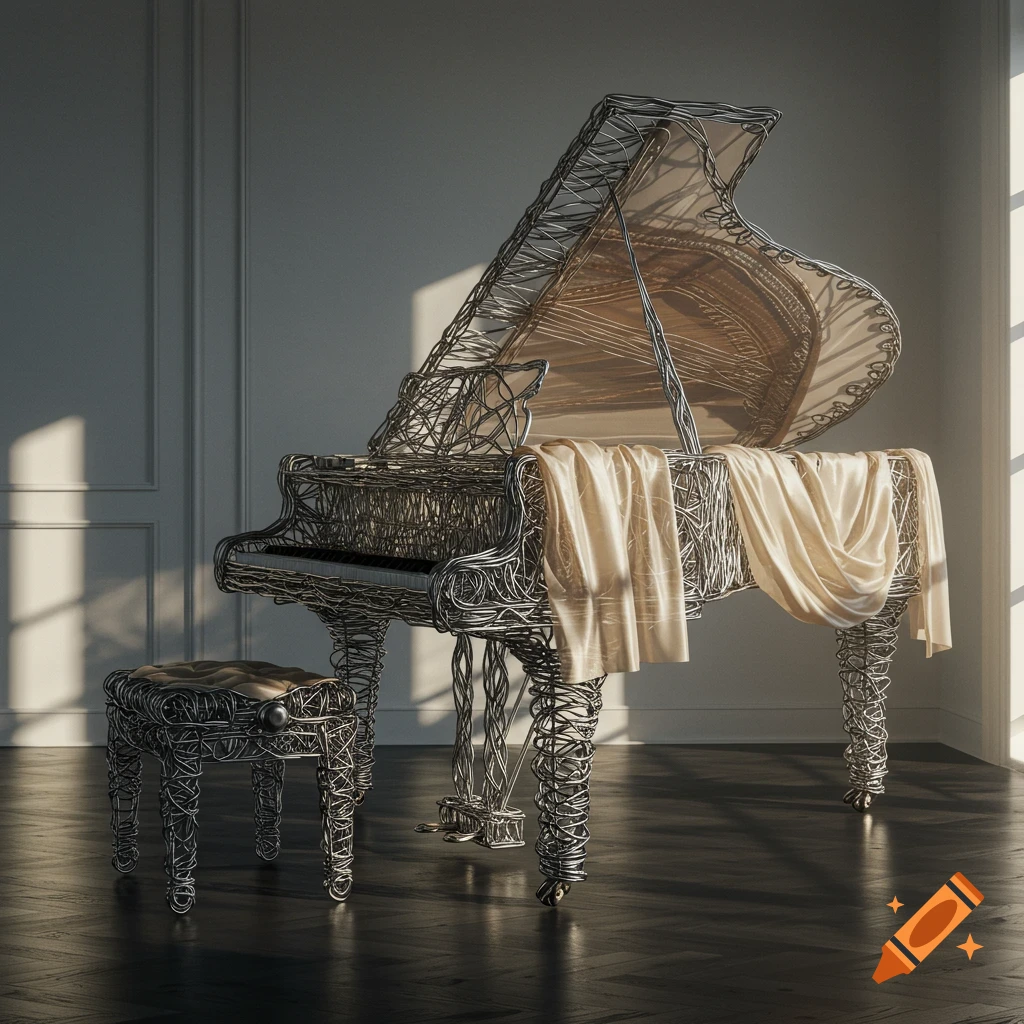 An artistic grand piano and stool, intricately crafted from wire, draped with beige fabric, in a sunlit room.