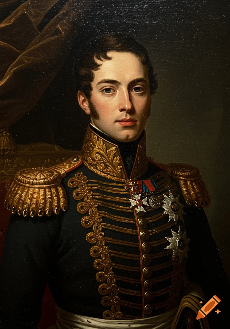 Formal oil painting portrait of a young man in an ornate 19th-century European military uniform with gold epaulettes and medals.