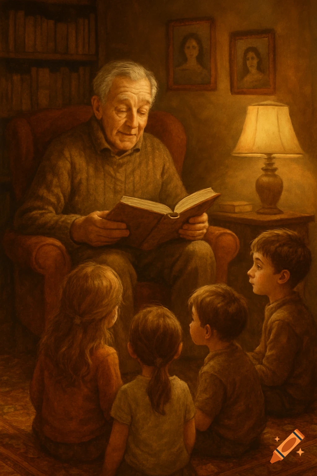 An old man in an armchair reads an open book to four children sitting on the floor in a warm, painterly scene.