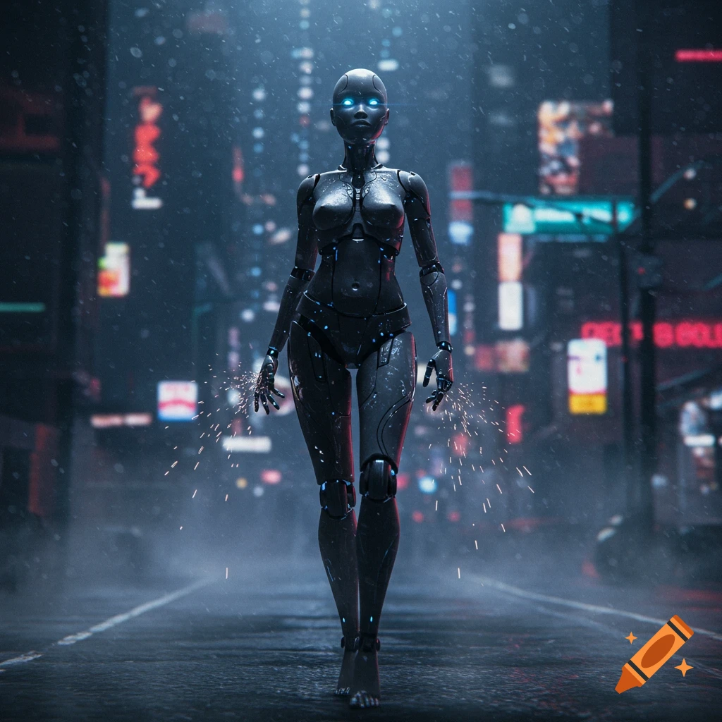 A photorealistic humanoid robot with glowing blue eyes walks down a rainy, neon-lit futuristic city street.