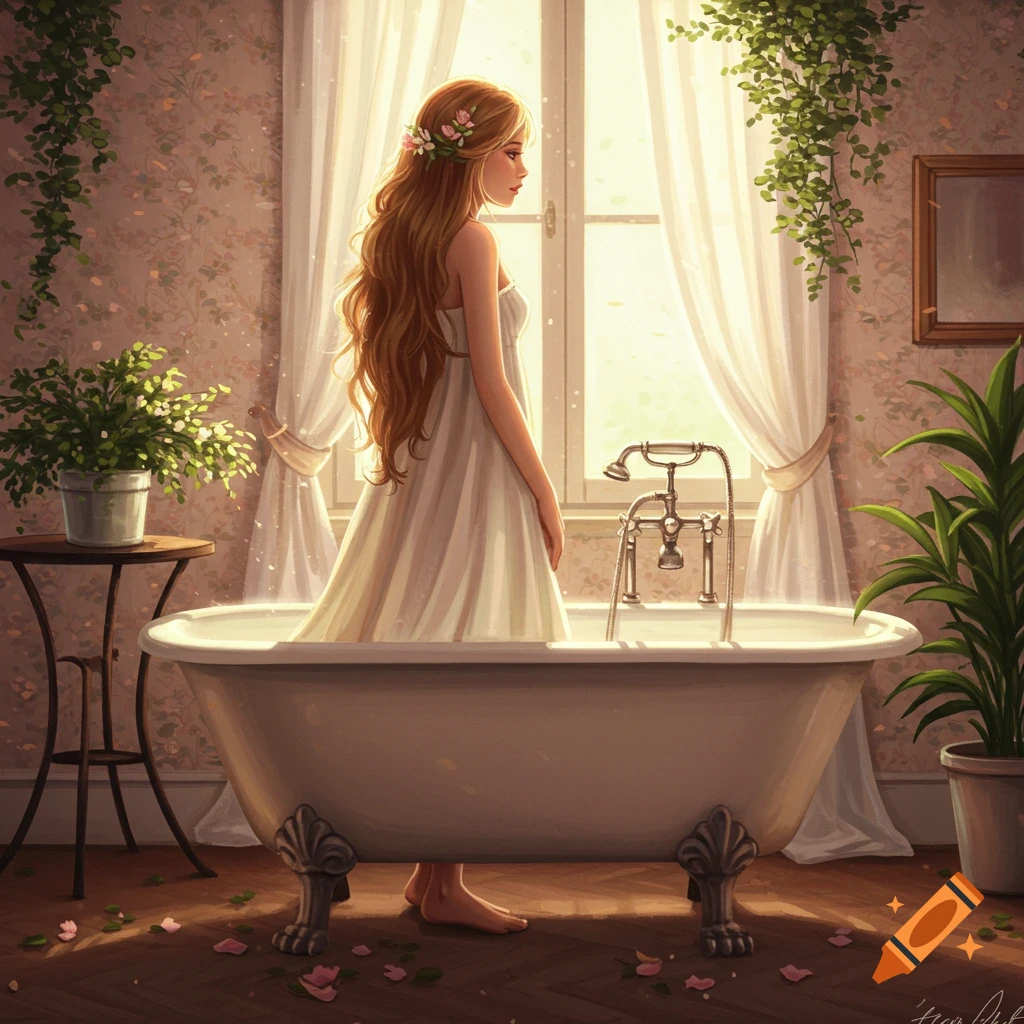 Young woman in a white dress stands in a clawfoot bathtub looking out a sunlit window in a soft, ethereal art style.