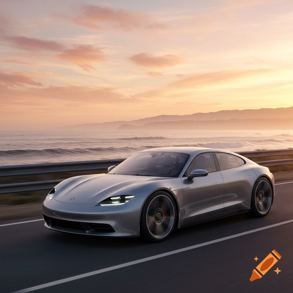 Silver electric sports car driving on a coastal road at sunset with ocean waves and mountains in the background.
