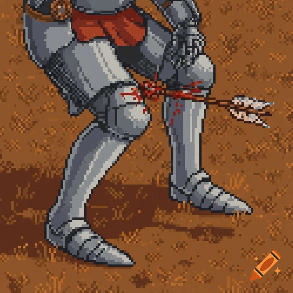 Pixel art close-up of a knight's armored leg with an arrow piercing the knee and blood splatter.