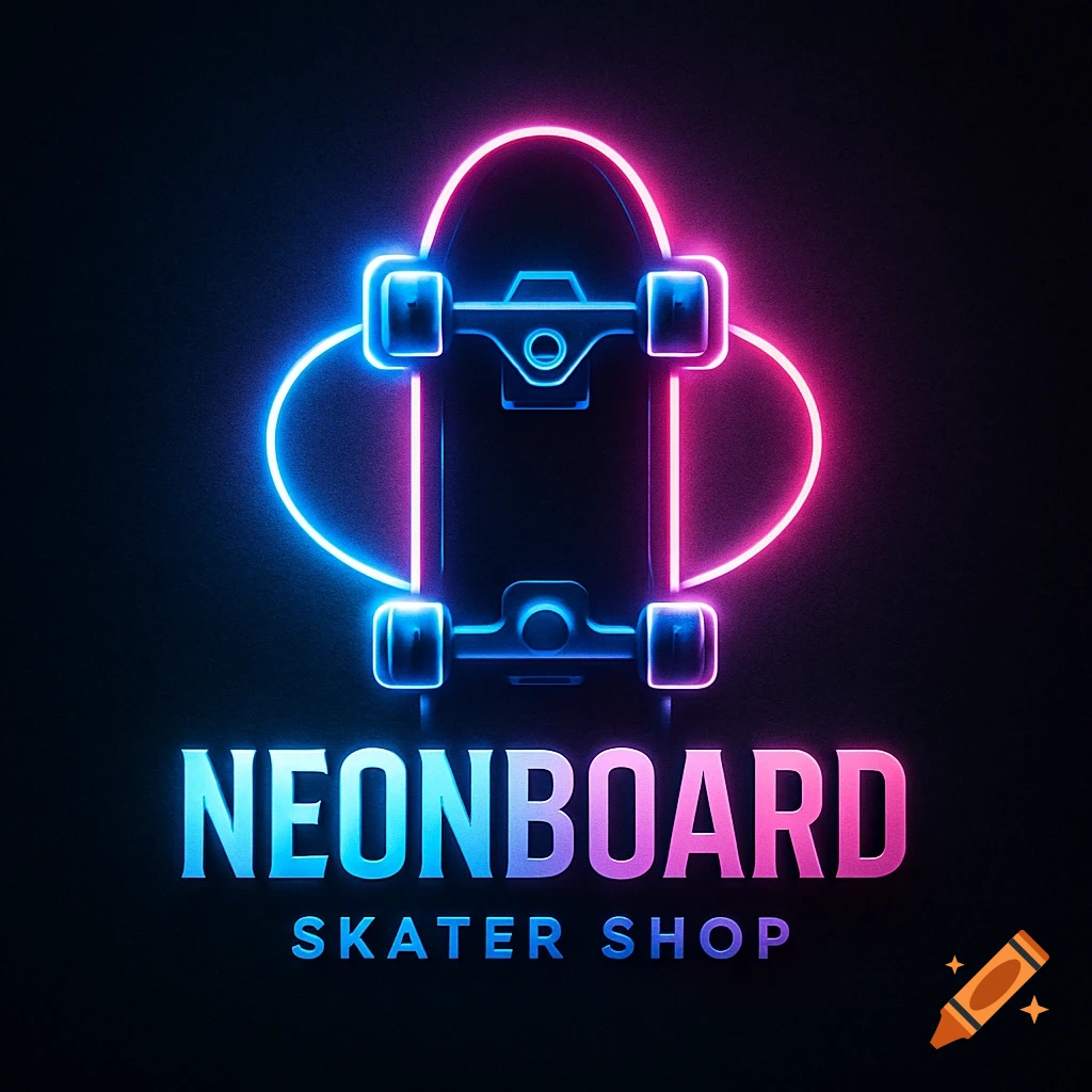 Neon blue and pink glow outline of a skateboard above the text 'NEONBOARD SKATER SHOP' on a dark background.