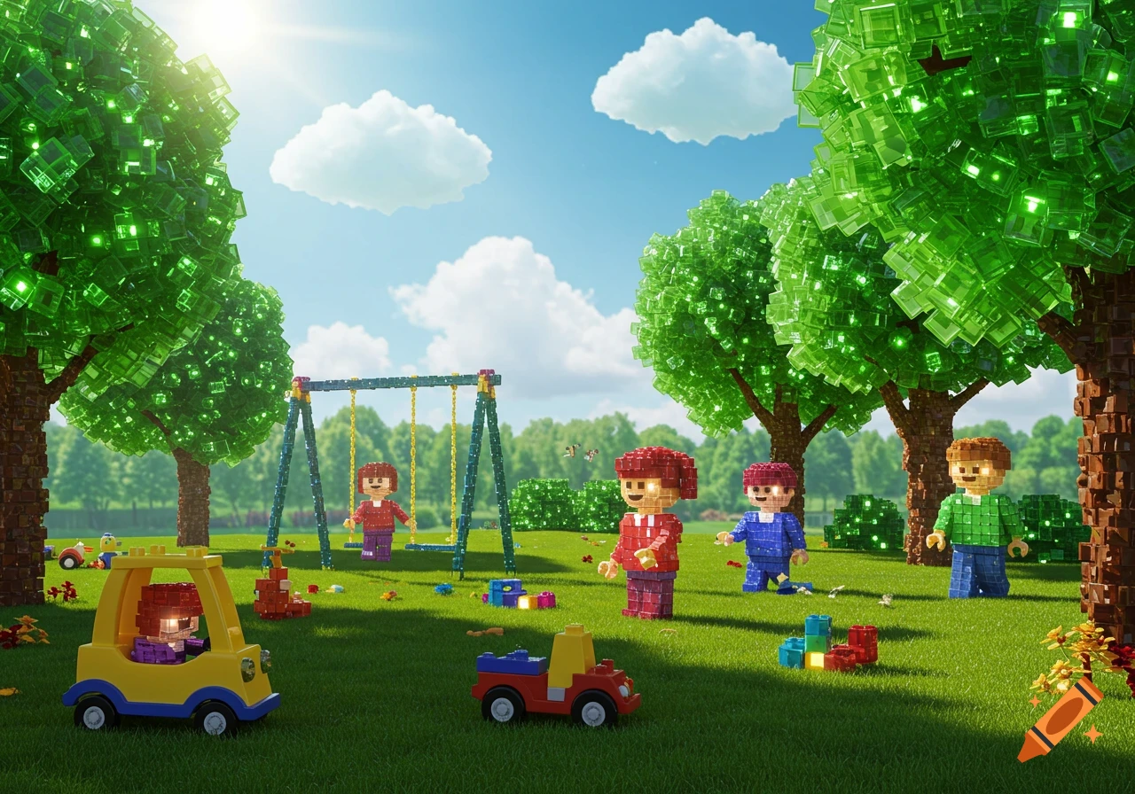 Lego-like voxel art of kids playing with toys in a sunny playground with glowing green trees and puffy clouds.