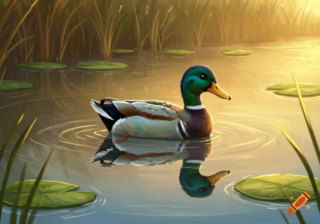 A colorful mallard duck swims in a calm, sunlit pond with green lily pads and tall reeds, in an illustrative style.