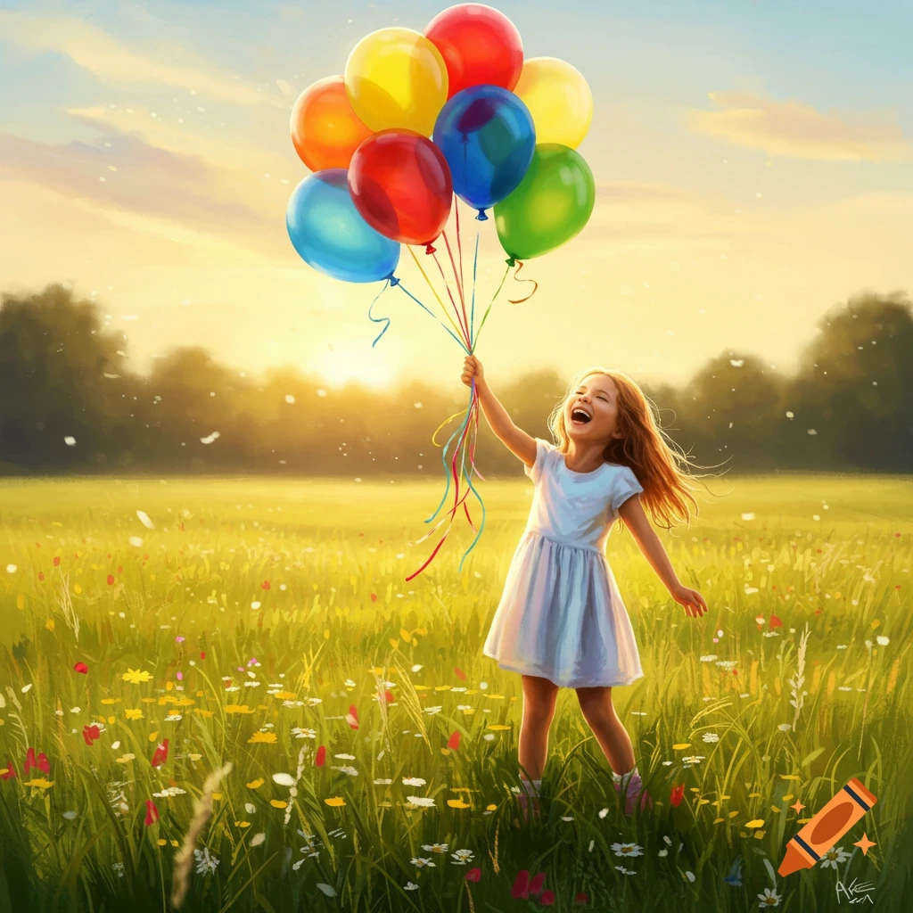 A happy girl in a white dress holds a bouquet of colorful balloons in a sunny, wildflower-filled meadow.