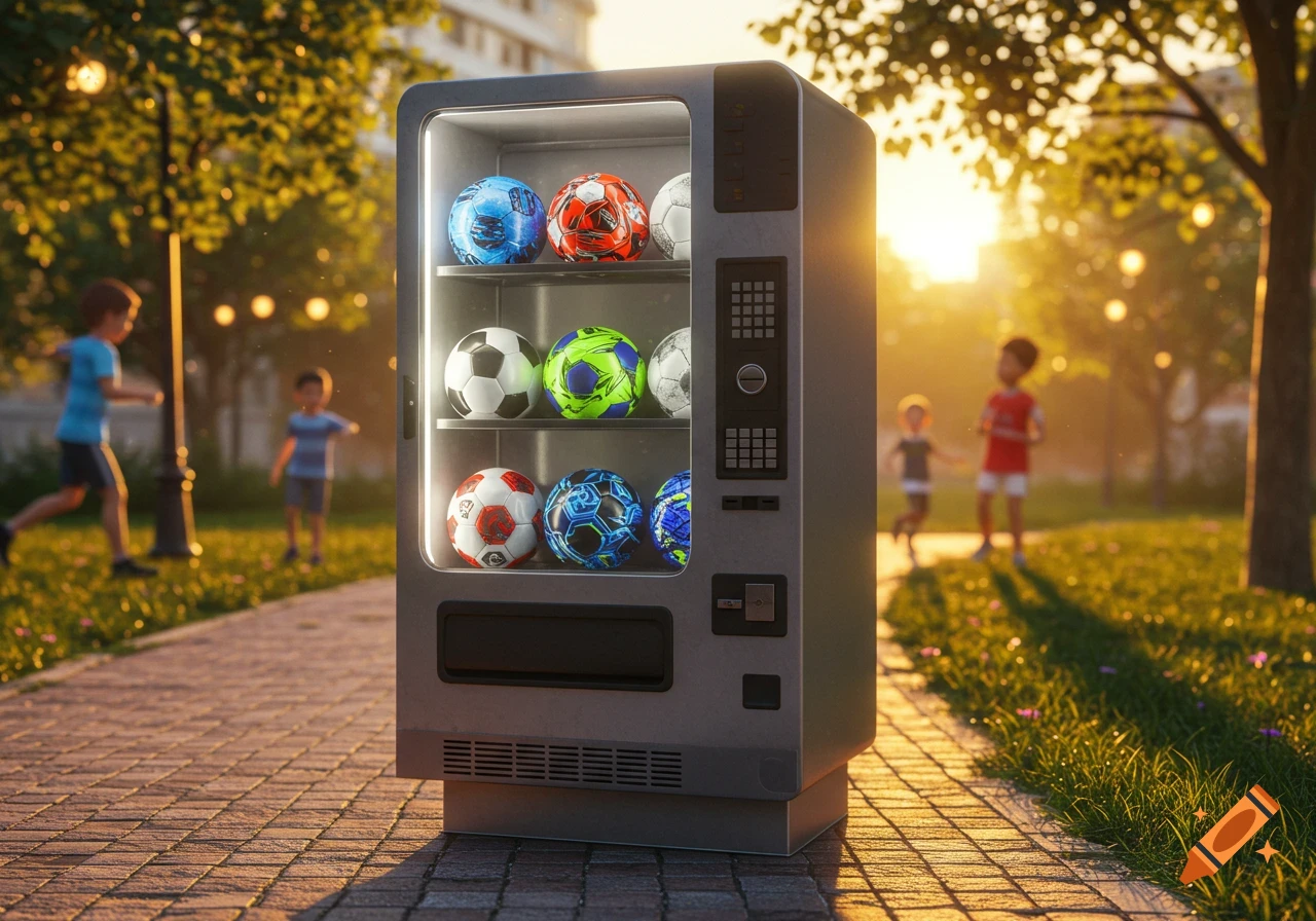 A vending machine filled with colorful soccer balls stands on a paved path in a sunlit park, with blurred children playing in the background.