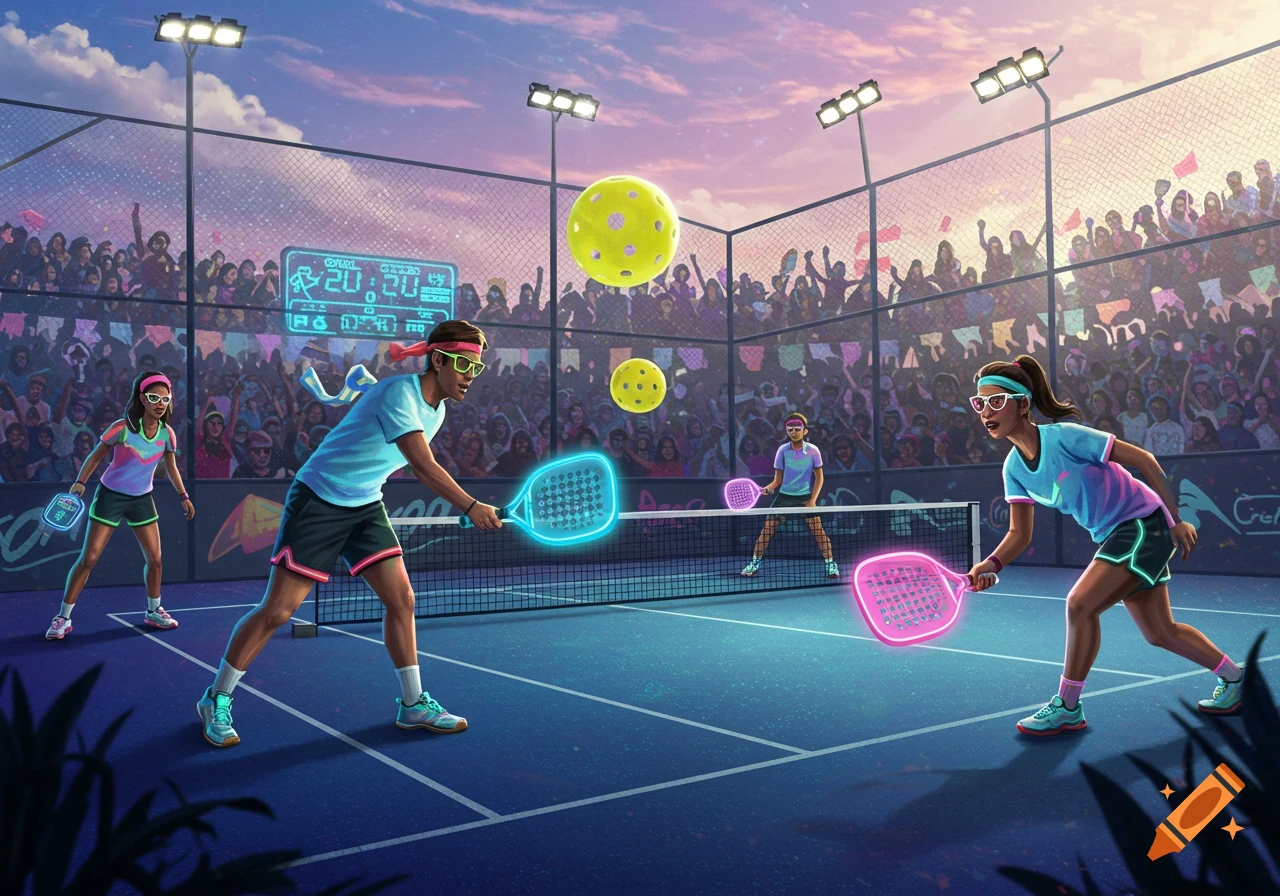 A vibrant illustration of a paddleball game at dusk, with four players on a blue court, neon-glowing paddles, and large crowds under bright stadium lights.