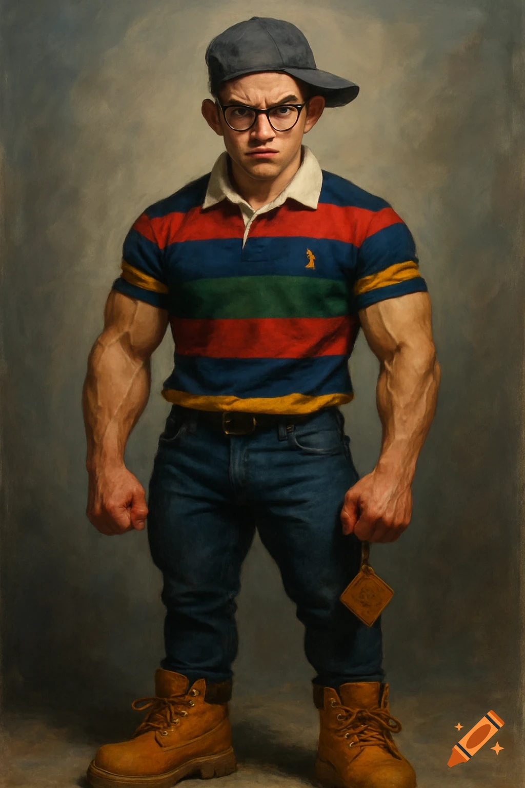 An angry, muscular man dressed as a nerd, wearing a striped polo, jeans, glasses, a cap, and work boots, painted in a realistic style.