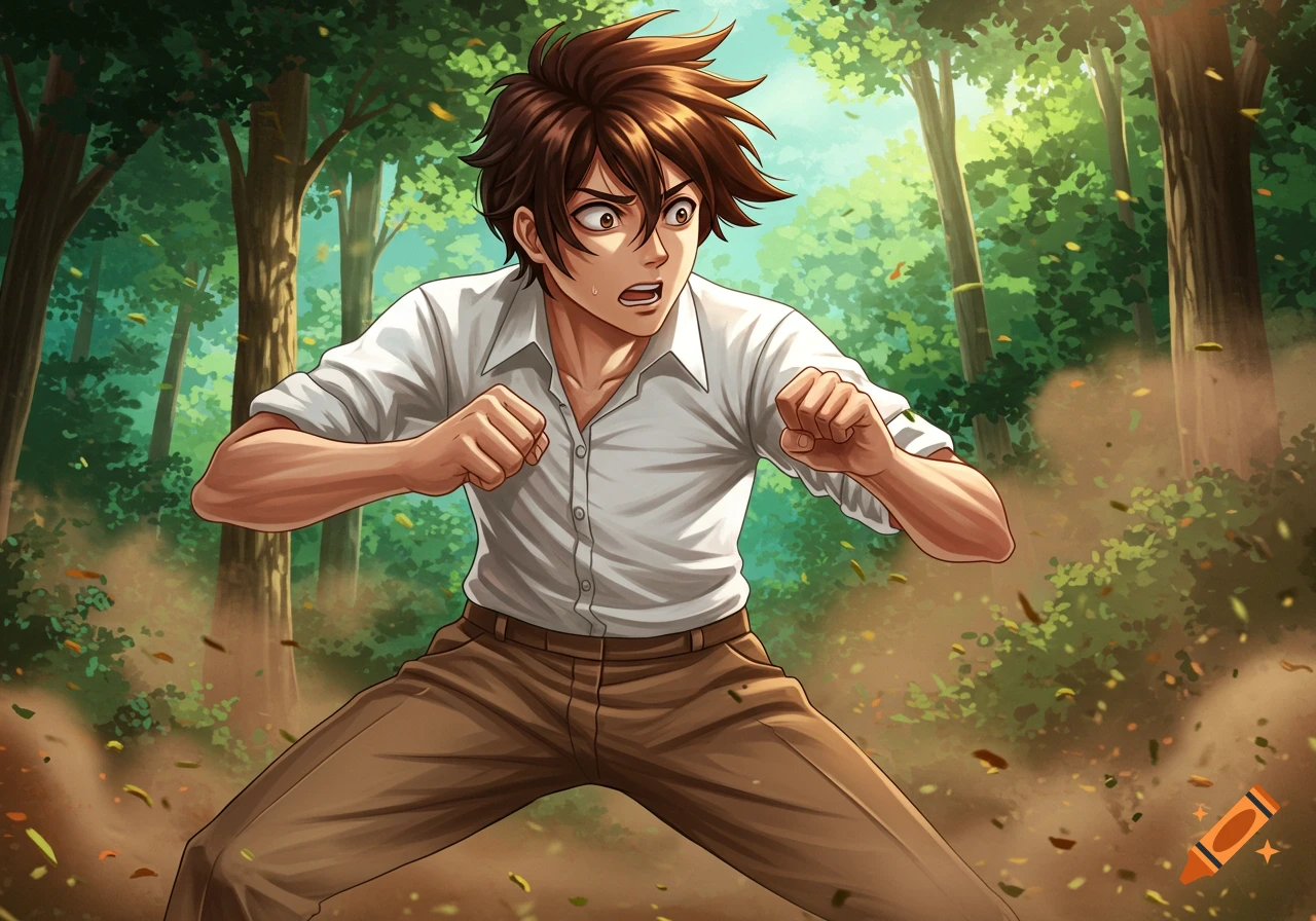 An anime character with brown hair in a fighting stance with a surprised expression in a forest with leaves flying around.
