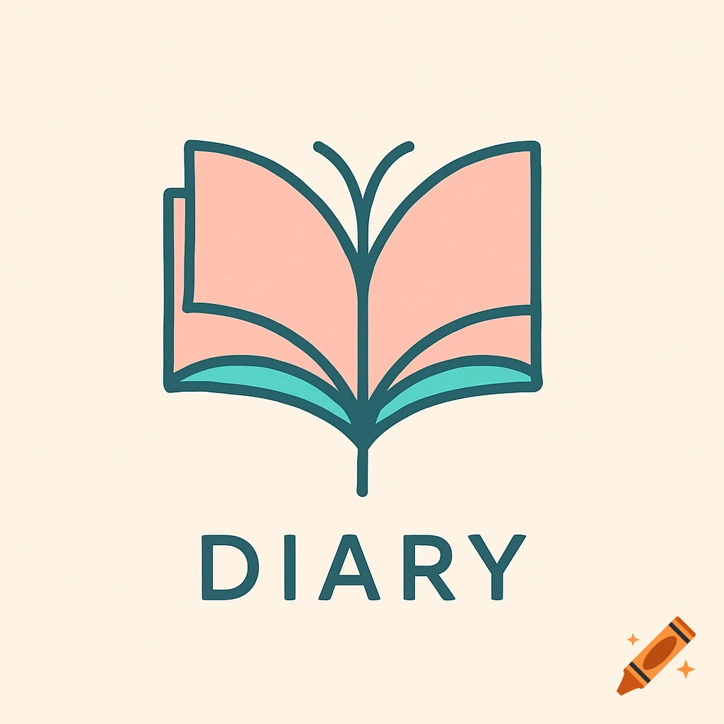 A minimalist logo of an open book with pink pages and teal outlines, with the word DIARY below.