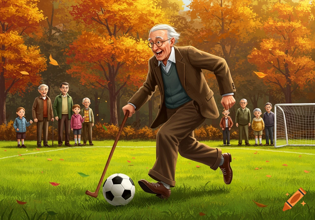 Happy elderly man with a walking stick playing soccer on an autumn field, watched by others, in an illustration.