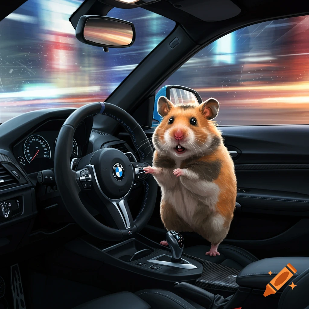 A fluffy hamster stands in the driver's seat of a detailed black BMW car, its tiny paws near the steering wheel while driving.