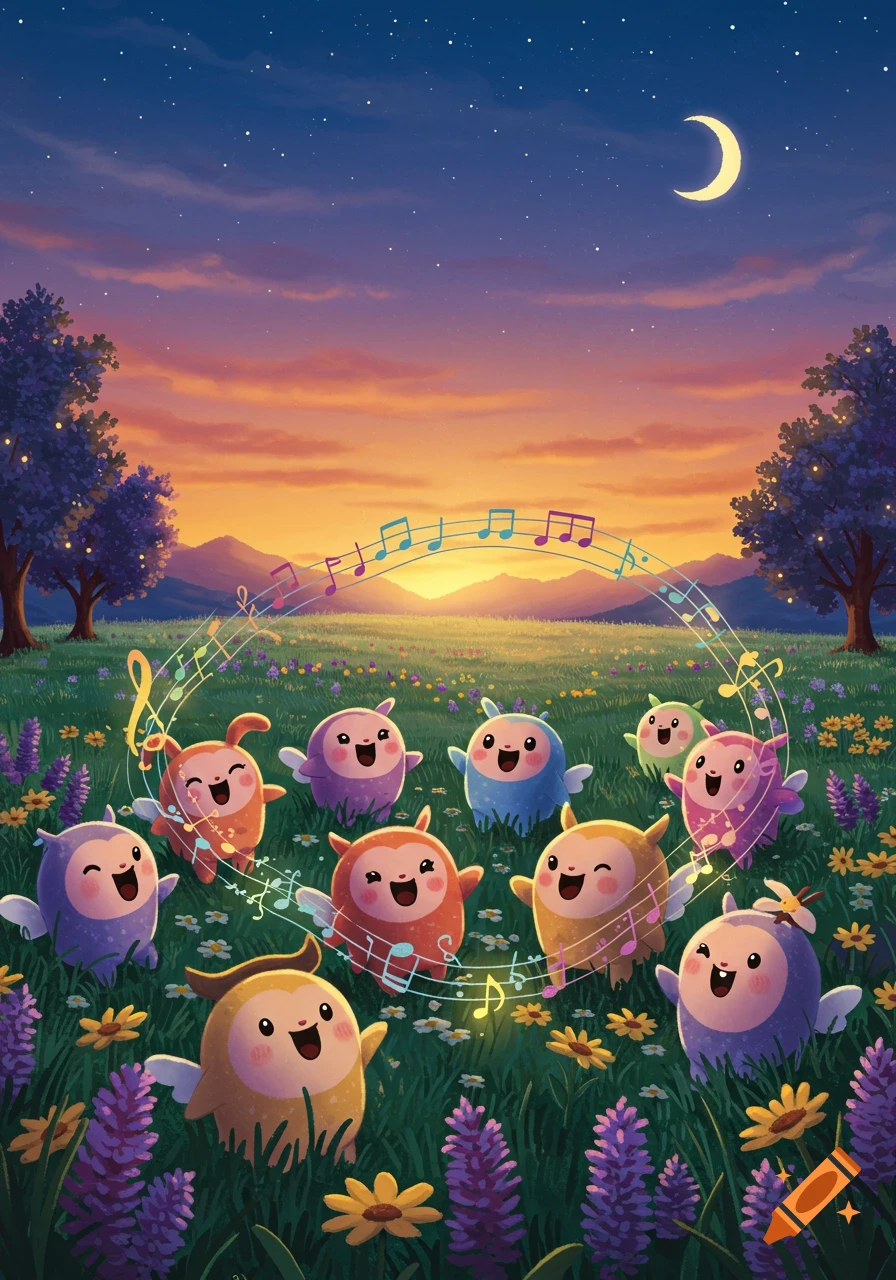 Whimsical cartoon creatures singing musical notes in a vibrant meadow at sunset under a crescent moon.