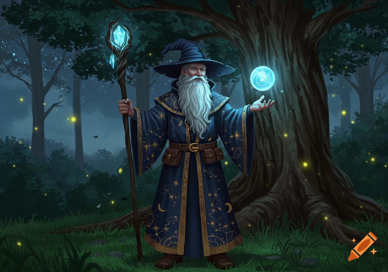 A wise wizard in a starry robe holds a glowing orb and crystal staff in an enchanted forest at night with fireflies, digital painting.