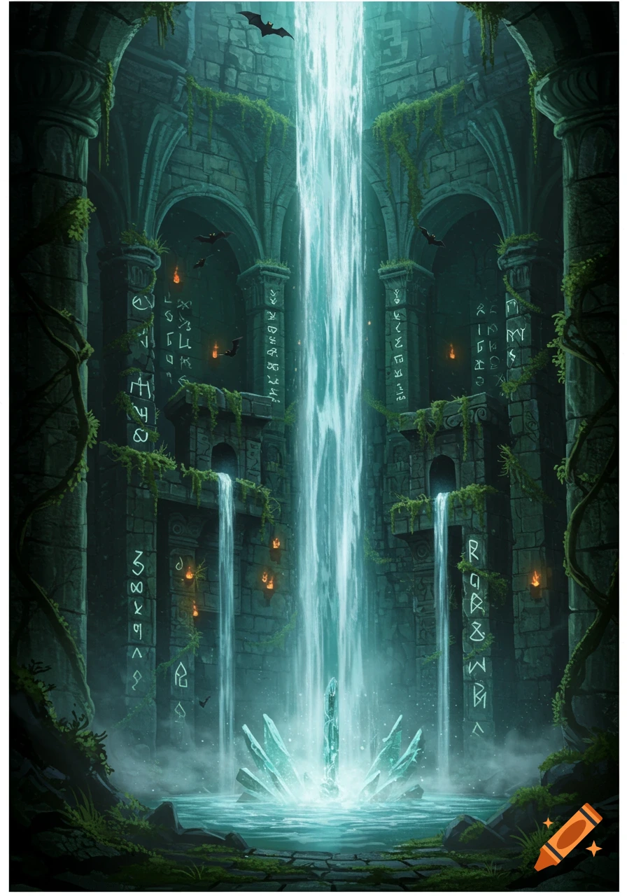 A glowing waterfall cascades into a pool surrounded by overgrown, ancient ruins with mysterious runes and bats in a fantasy setting.