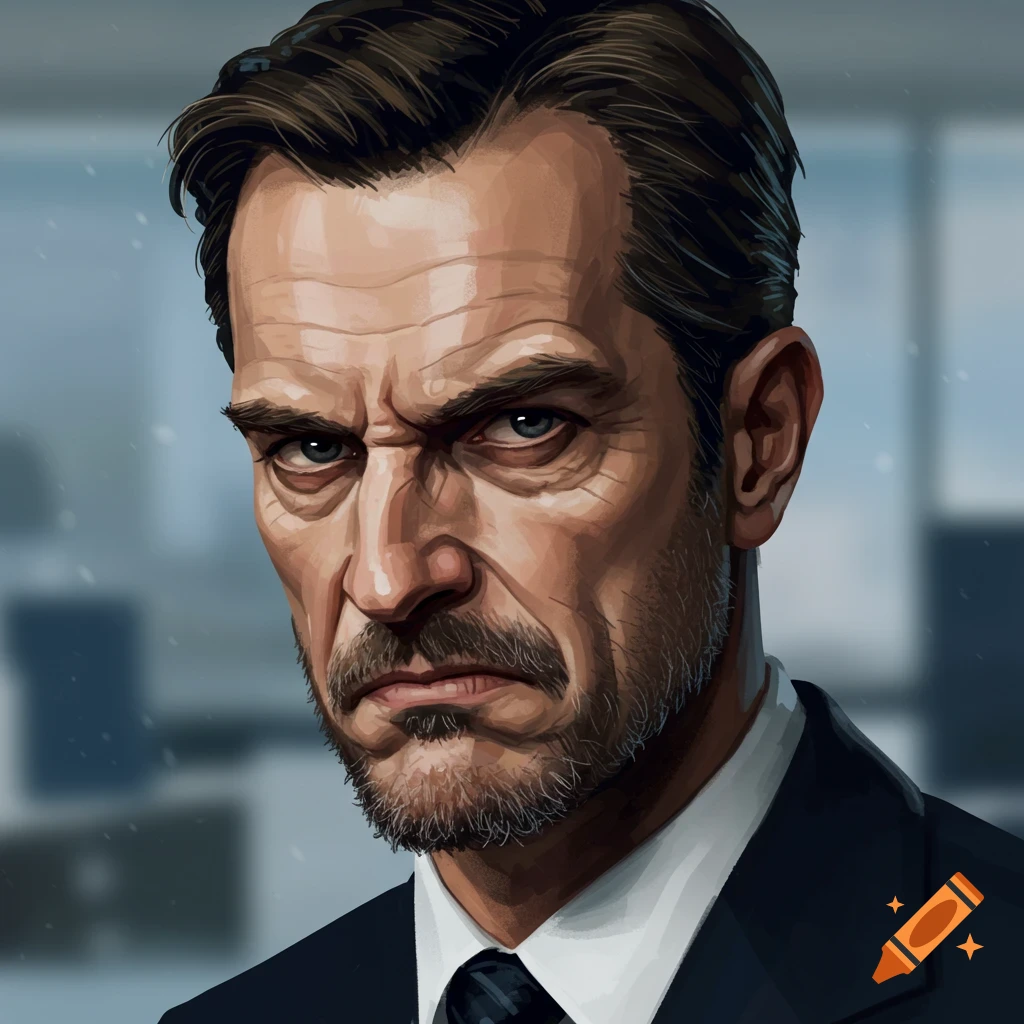 Stylized close-up portrait of a man with dark hair and a beard, wearing a suit, looking with a disapproving, sneering expression.