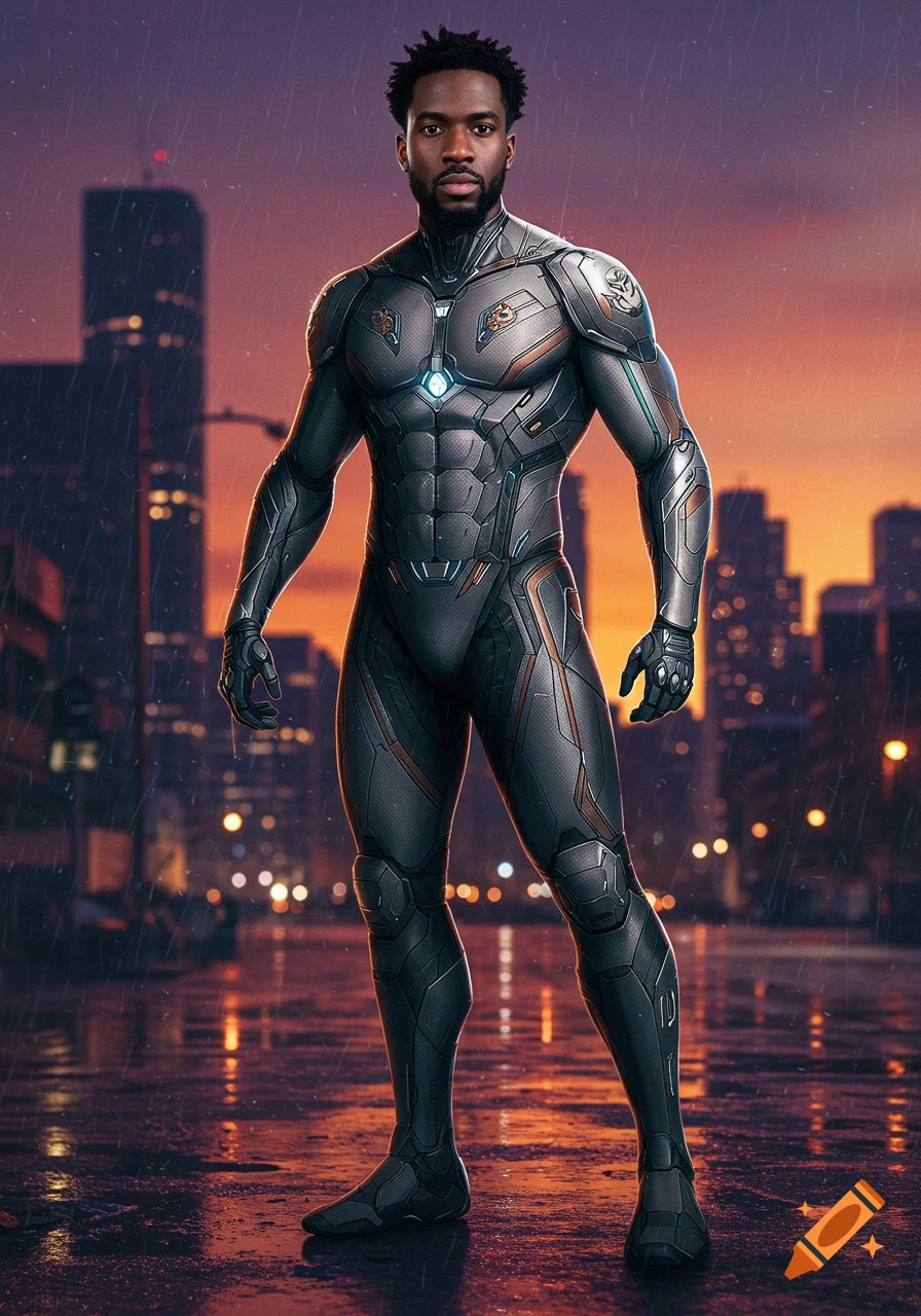 A Black man in a dark, futuristic superhero suit with metallic accents stands in a rainy city street at sunset.