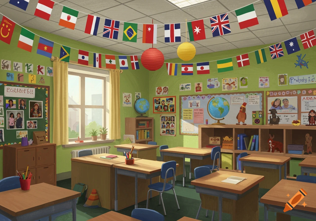 A colorful elementary school classroom decorated with international flags, globes, and children's drawings and photos, seen from an aisle between desks.
