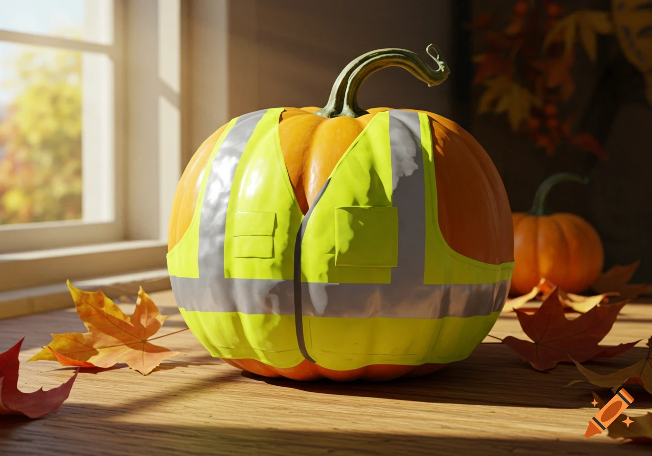 A photorealistic image of an orange pumpkin wearing a bright yellow high-visibility vest, sitting on a wooden surface with autumn leaves, bathed in sunlight.
