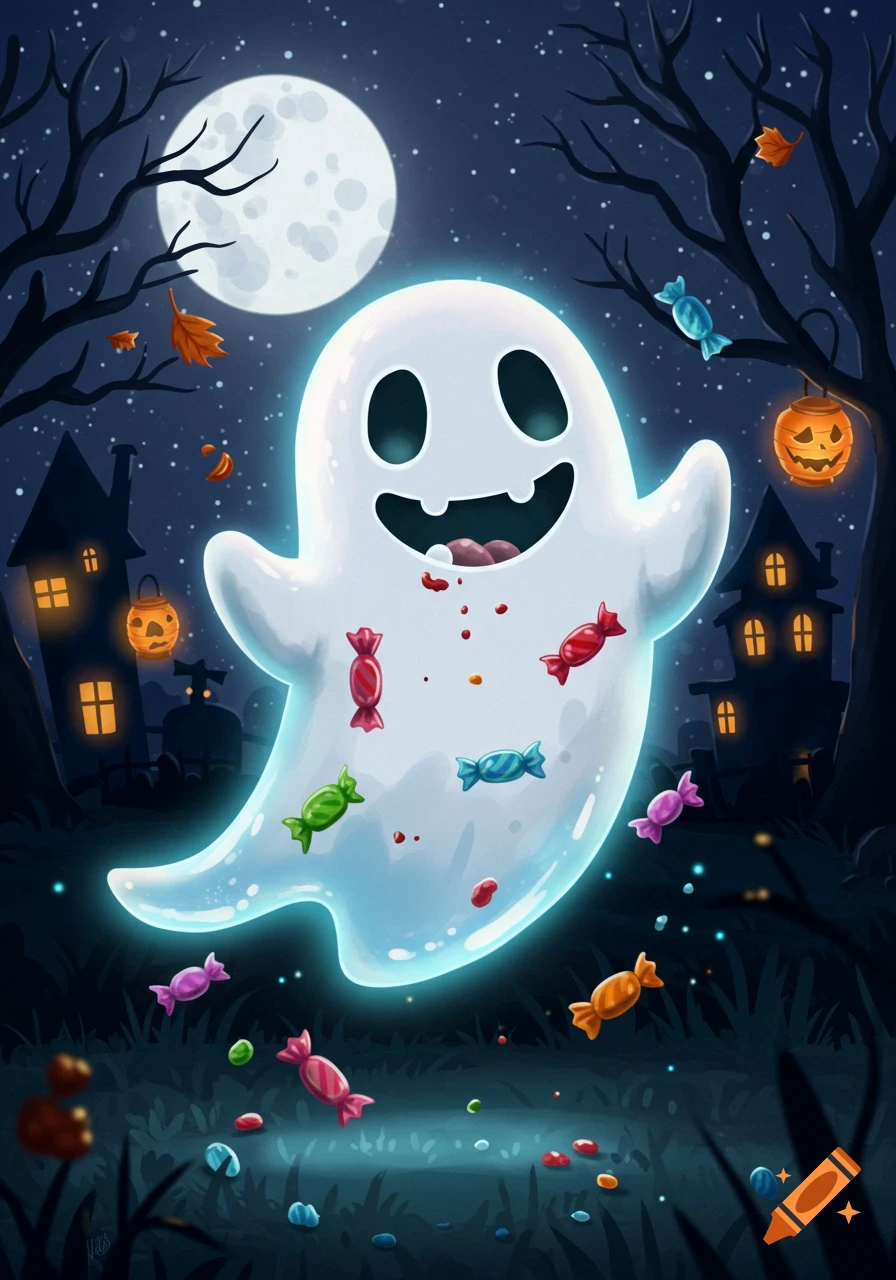A glowing, friendly cartoon ghost floats among bare trees and houses under a full moon, surrounded by scattered Halloween candy.