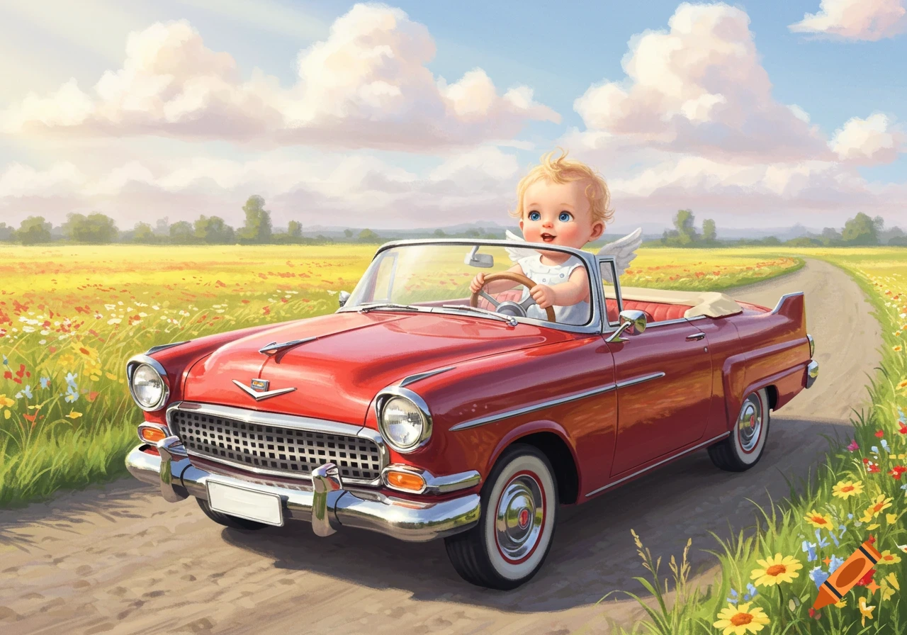 A cute baby with wings drives a red classic convertible car down a dirt road through a field of wildflowers under a cloudy sky in a whimsical illustration.