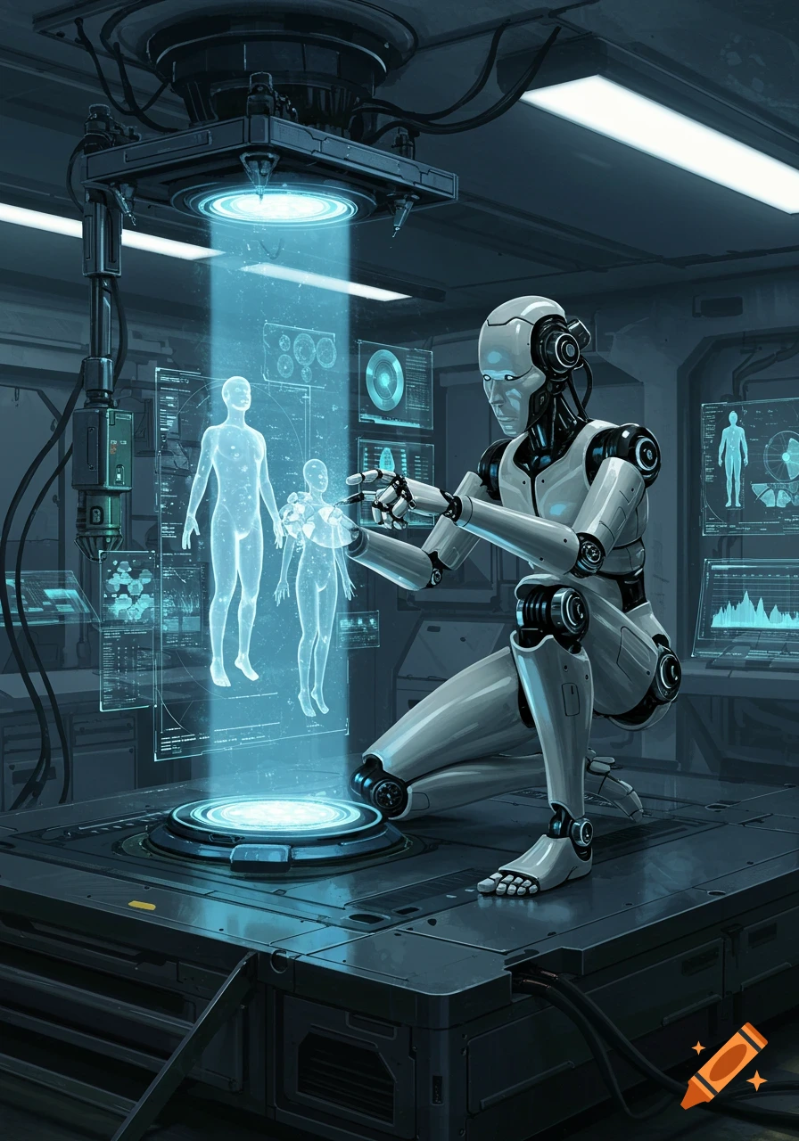 A white robot kneels in a futuristic lab, interacting with two glowing blue holographic human figures over a console.