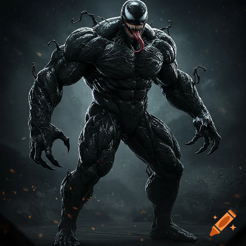 A hyper-muscular black symbiote monster, Venom, stands menacingly with glowing white eyes and a long tongue against a dark, smoky background.