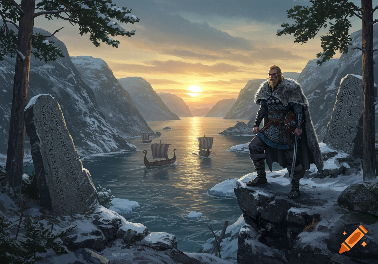 A bearded Viking warrior in fur and armor stands on a snowy cliff overlooking a fjord with longships at sunset.