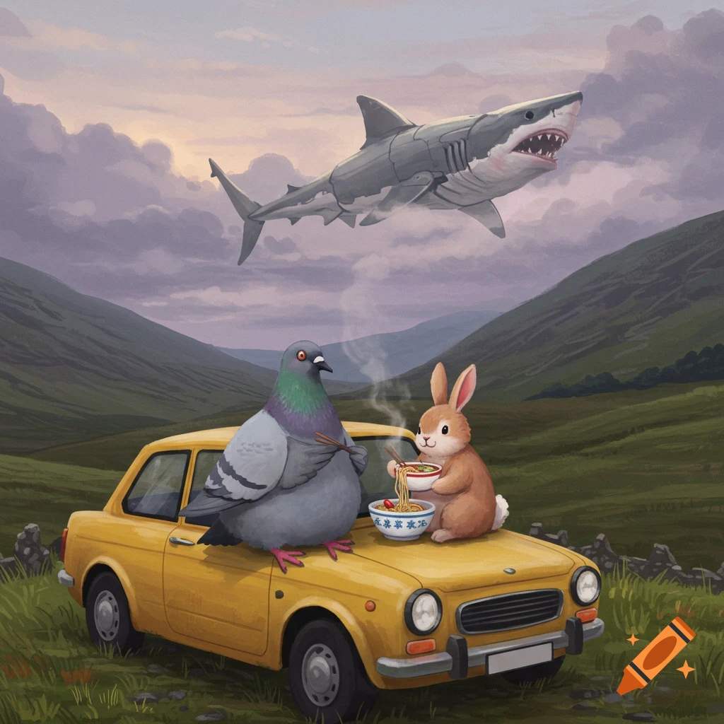 Whimsical illustration of a pigeon and rabbit eating noodles on a yellow car, with a flying shark over hills.