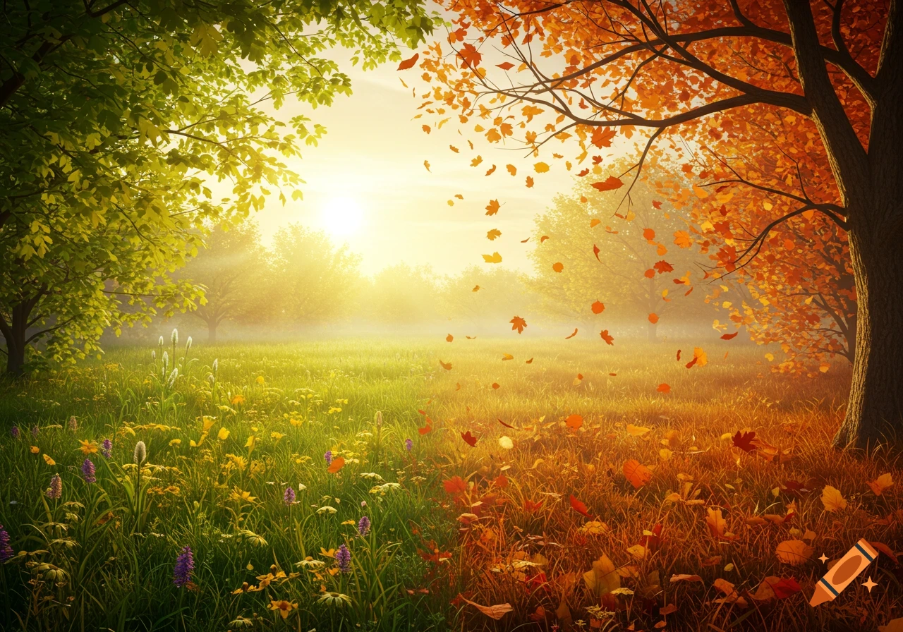 A vibrant landscape depicting the transition from summer to autumn, with green trees and flowers on one side and orange trees with falling leaves on the other, bathed in warm sunlight.