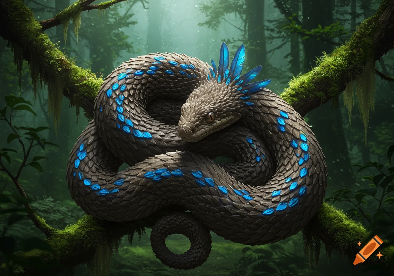 A photorealistic fantasy snake with blue feathers coiled around a mossy branch in a lush, misty forest.