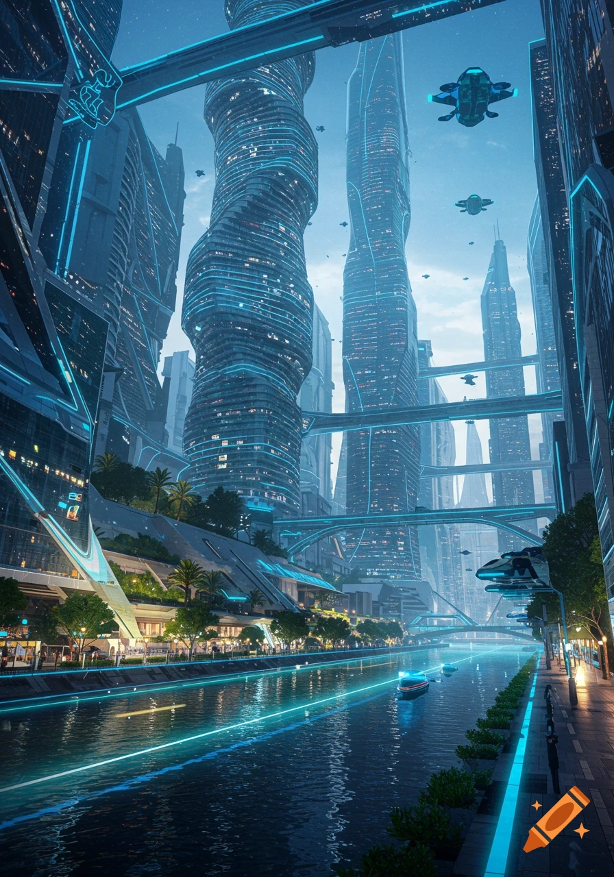 Photorealistic futuristic city with towering, glowing buildings, a river with blue light trails, and flying vehicles.