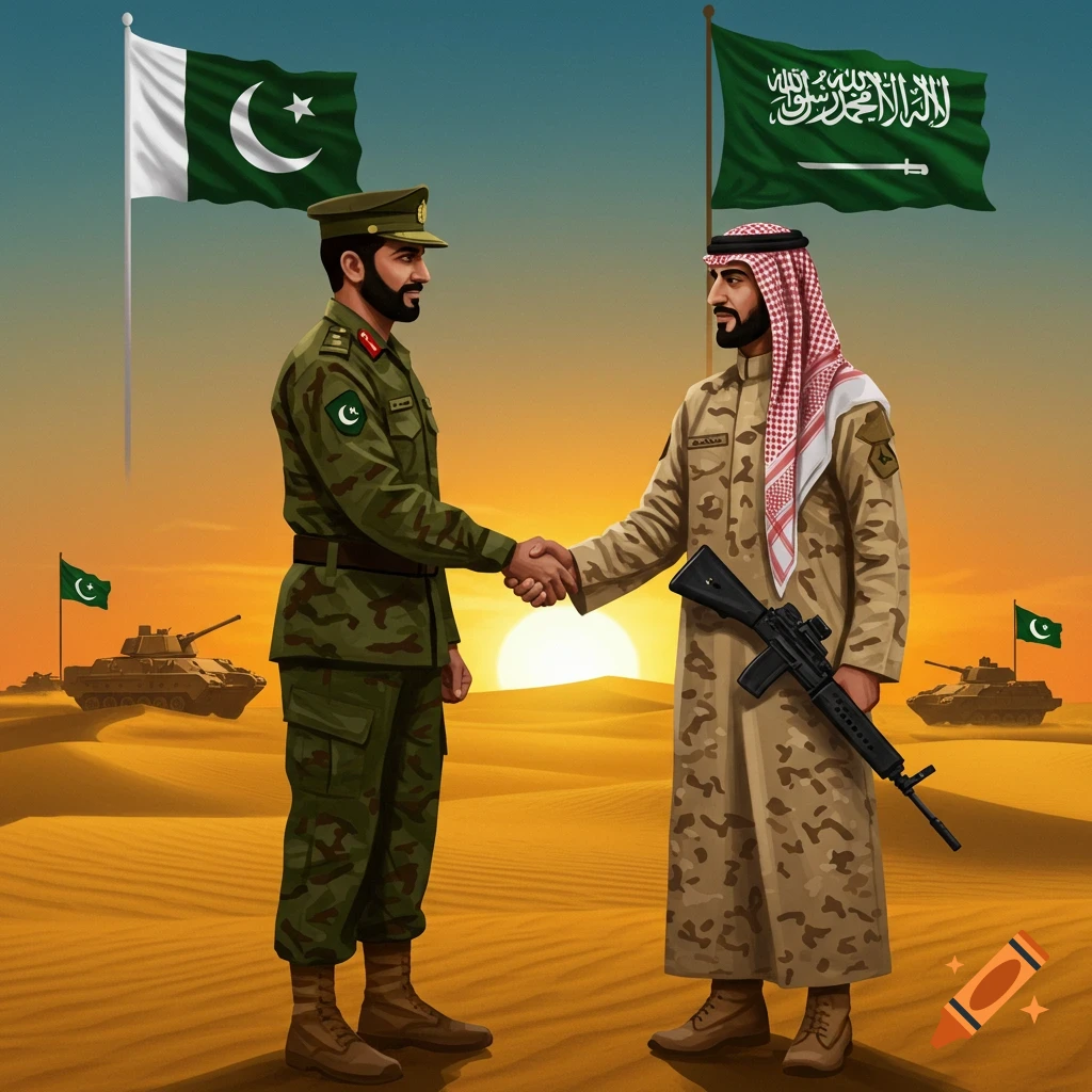 A Pakistani soldier and a Saudi Arabian man in military attire shake hands in a desert at sunset, with national flags and tanks in the background.