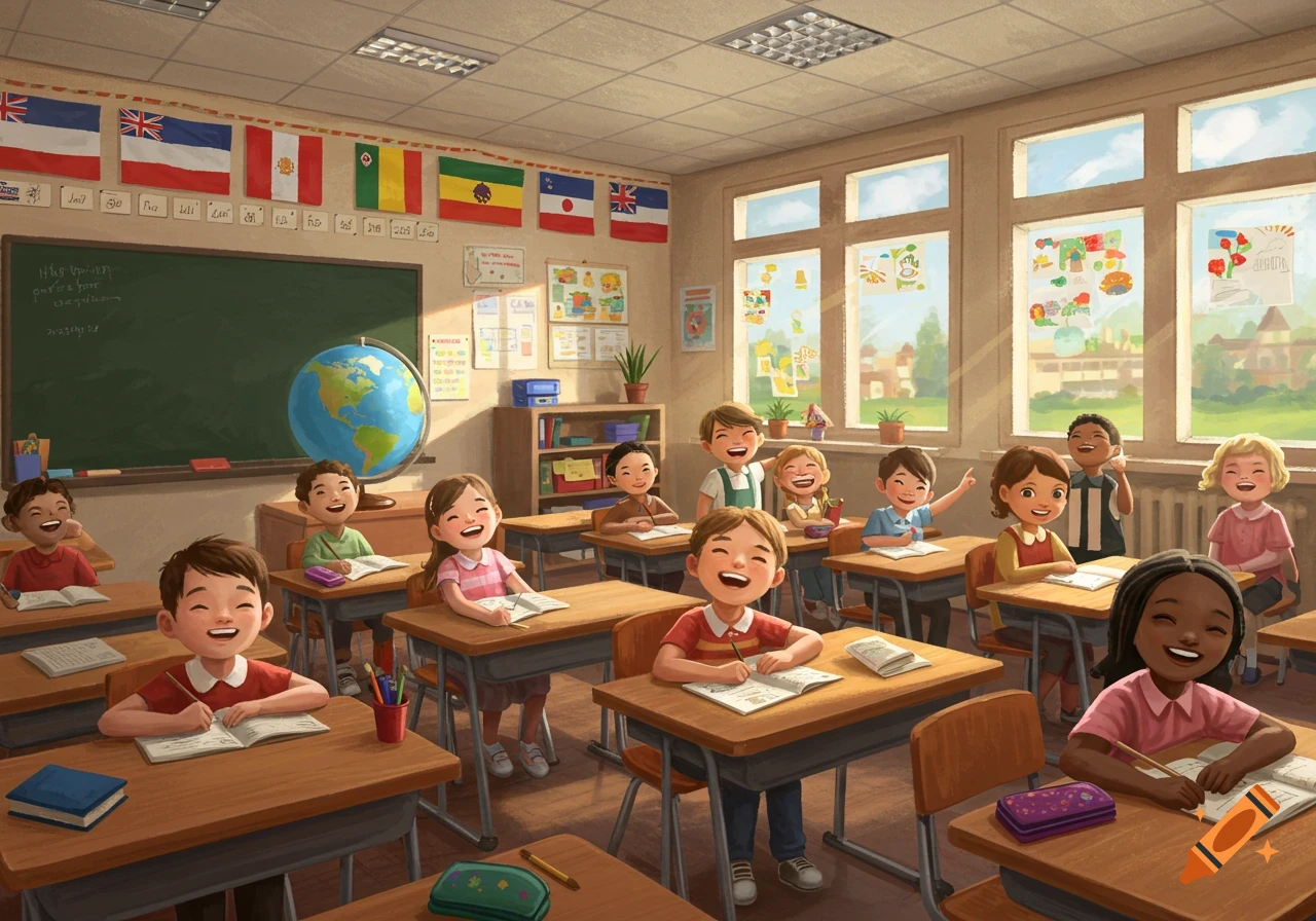 A diverse group of happy children in an elementary school classroom with flags and art projects on the walls.