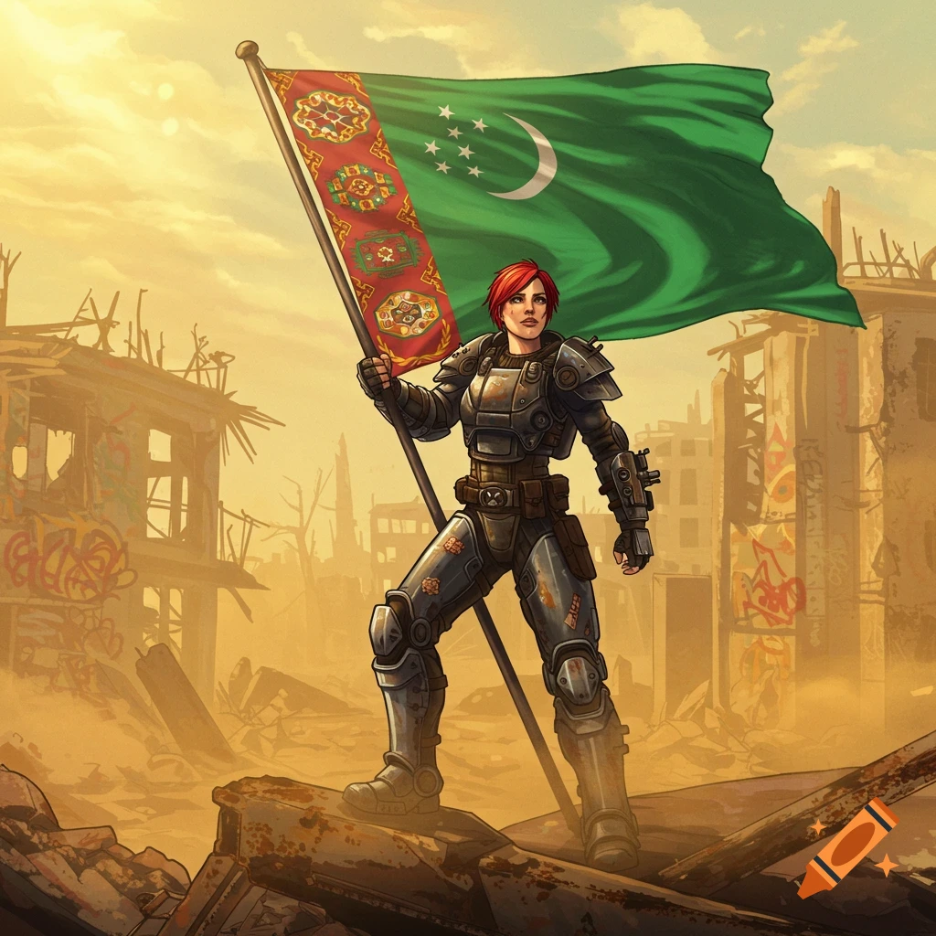 A character in power armor stands in a ruined city, holding a large Turkmenistan flag.