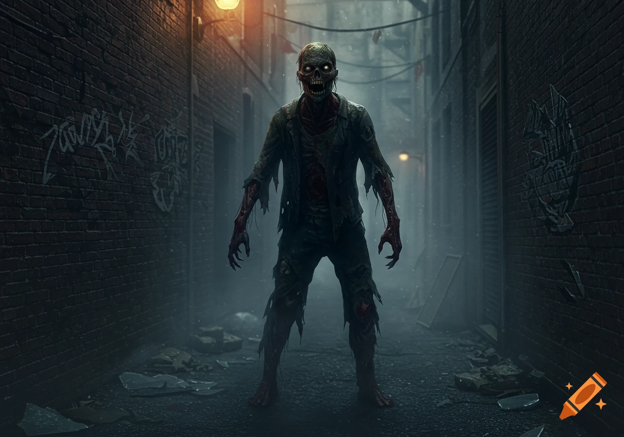 A terrifying zombie with glowing eyes, bloody wounds, and tattered clothes stands in a dark, grimy alley with graffiti-covered brick walls.