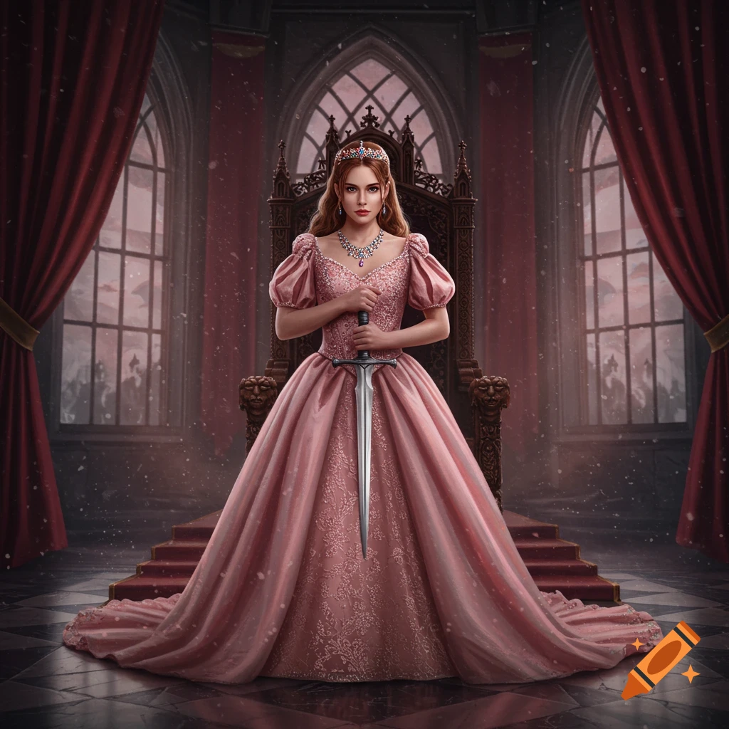 A princess in a pink ball gown sits on a grand throne, holding a sword in a gothic castle hall.