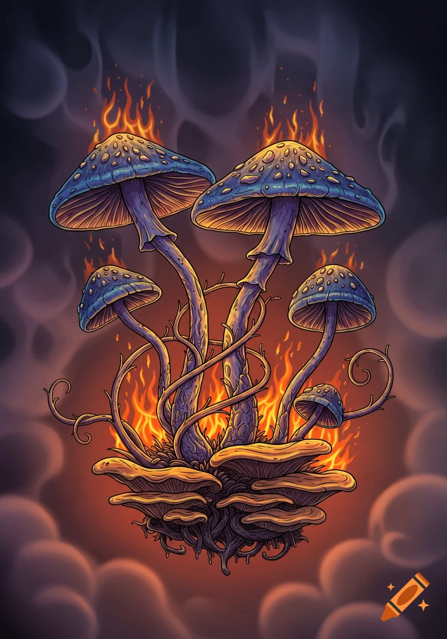 Stylized tattoo art of blue mushrooms with twisted stalks surrounded by flames against a dark, smoky background.