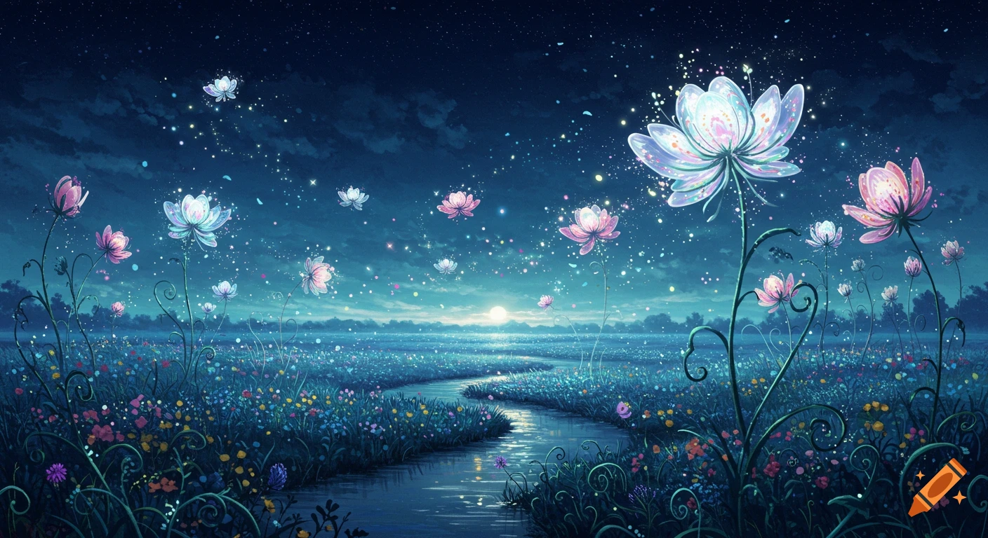 Dreamlike night landscape with a winding river through a field of glowing, pastel fantasy flowers under a starry sky.