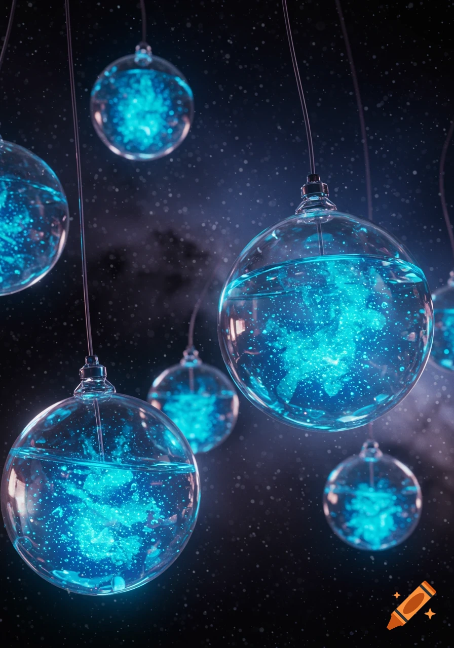 Floating glass orbs filled with glowing blue liquid and particles against a cosmic starry background. Photorealistic style.