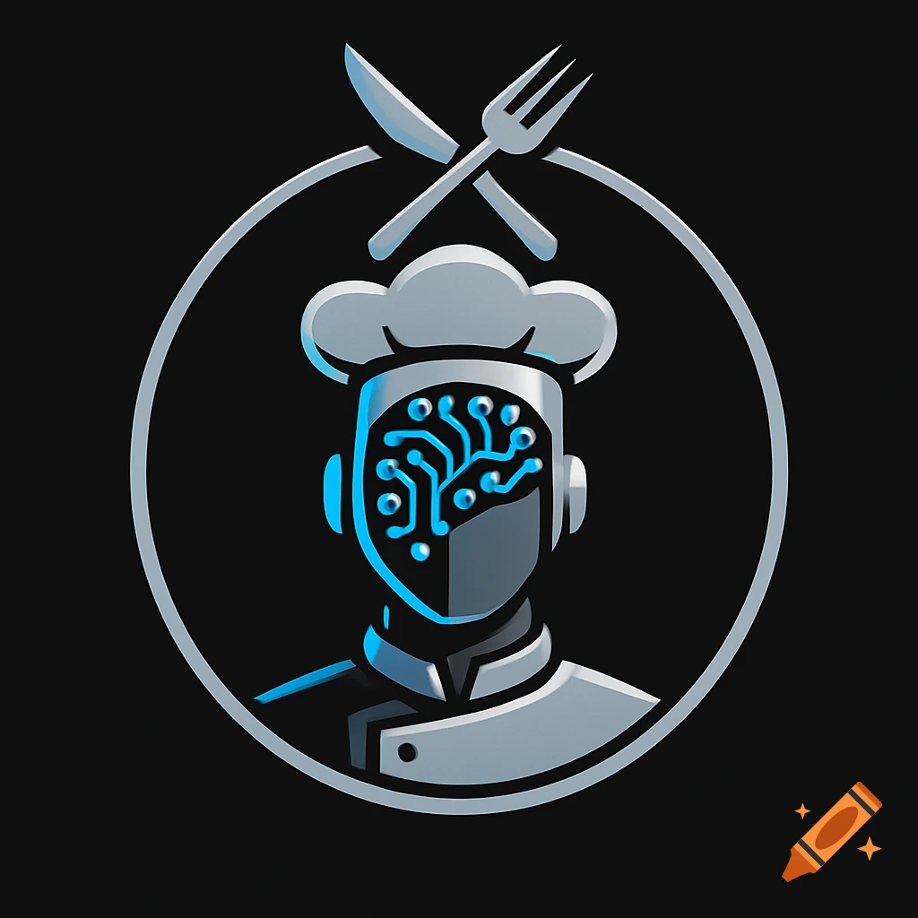A stylized logo of a robot chef with a circuit board face, wearing a chef's hat and coat, with a crossed knife and fork above its head, inside a circle on a black background.