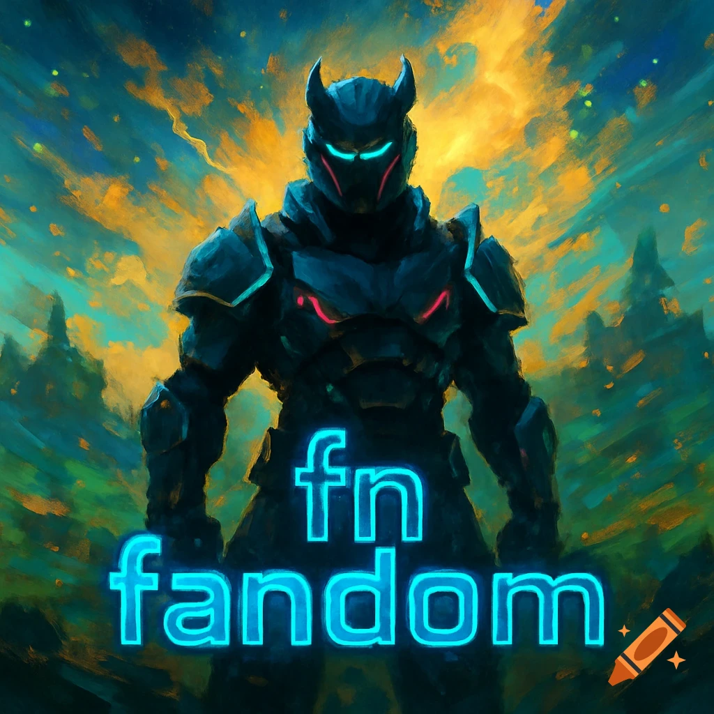 Armored warrior with horns and glowing accents in a vibrant fantasy landscape, with neon blue text 'fn fandom'.