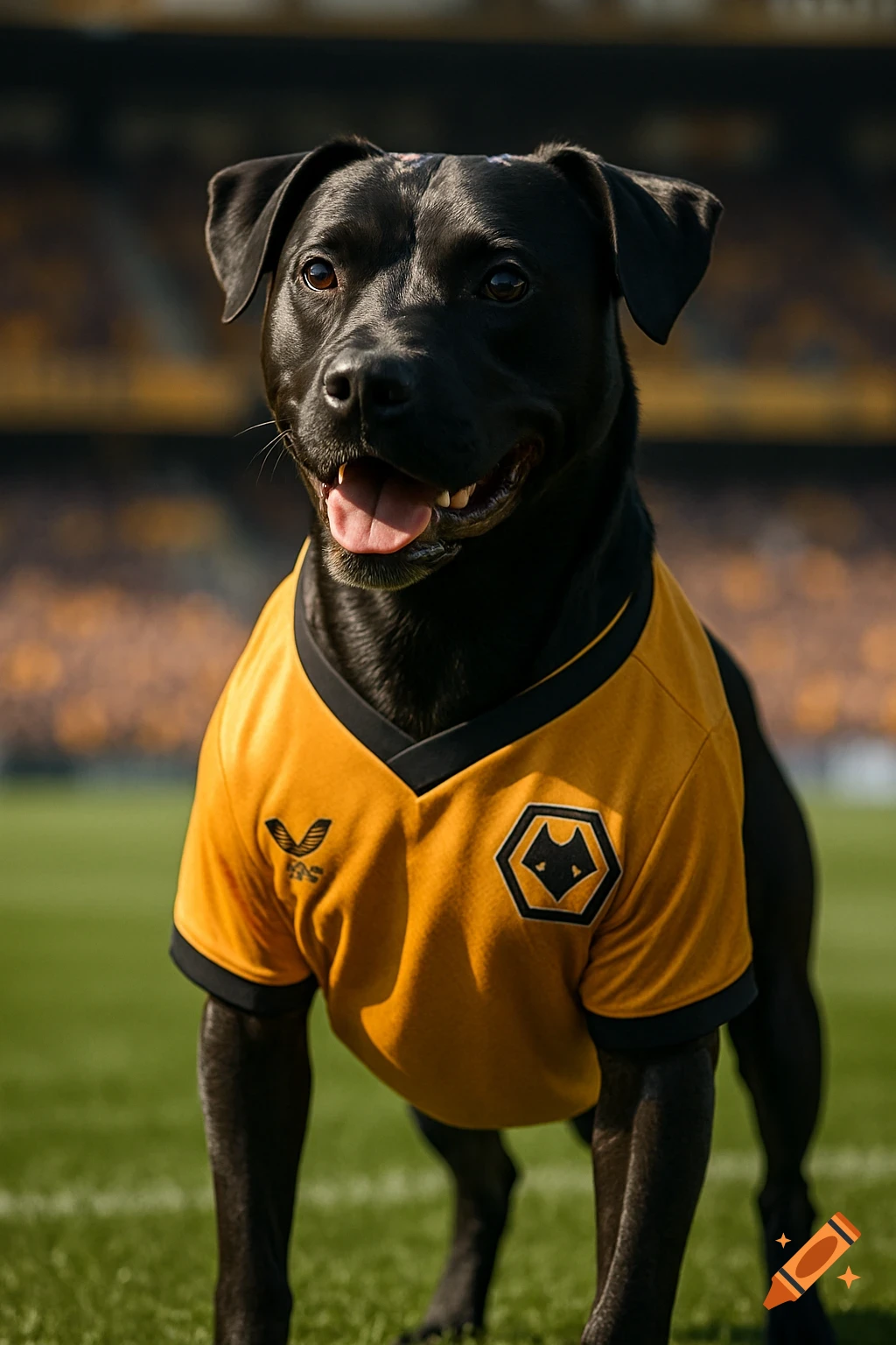 A black dog wearing a gold Wolverhampton Wanderers FC football kit stands on a green pitch in a stadium.